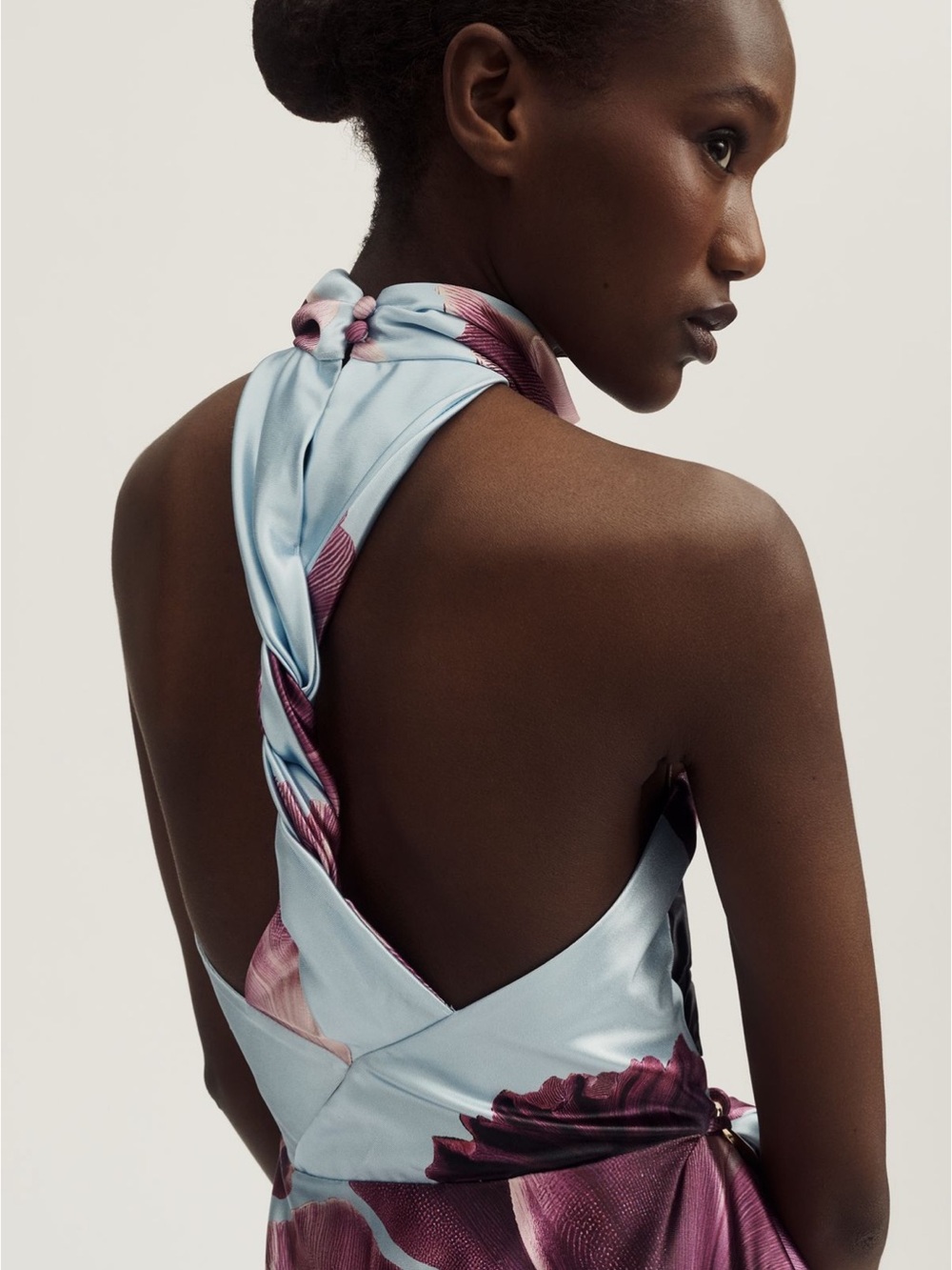 Anthropologie Purple Floral Satin Twist-Detail Mini Dress - Picture 4 of 6